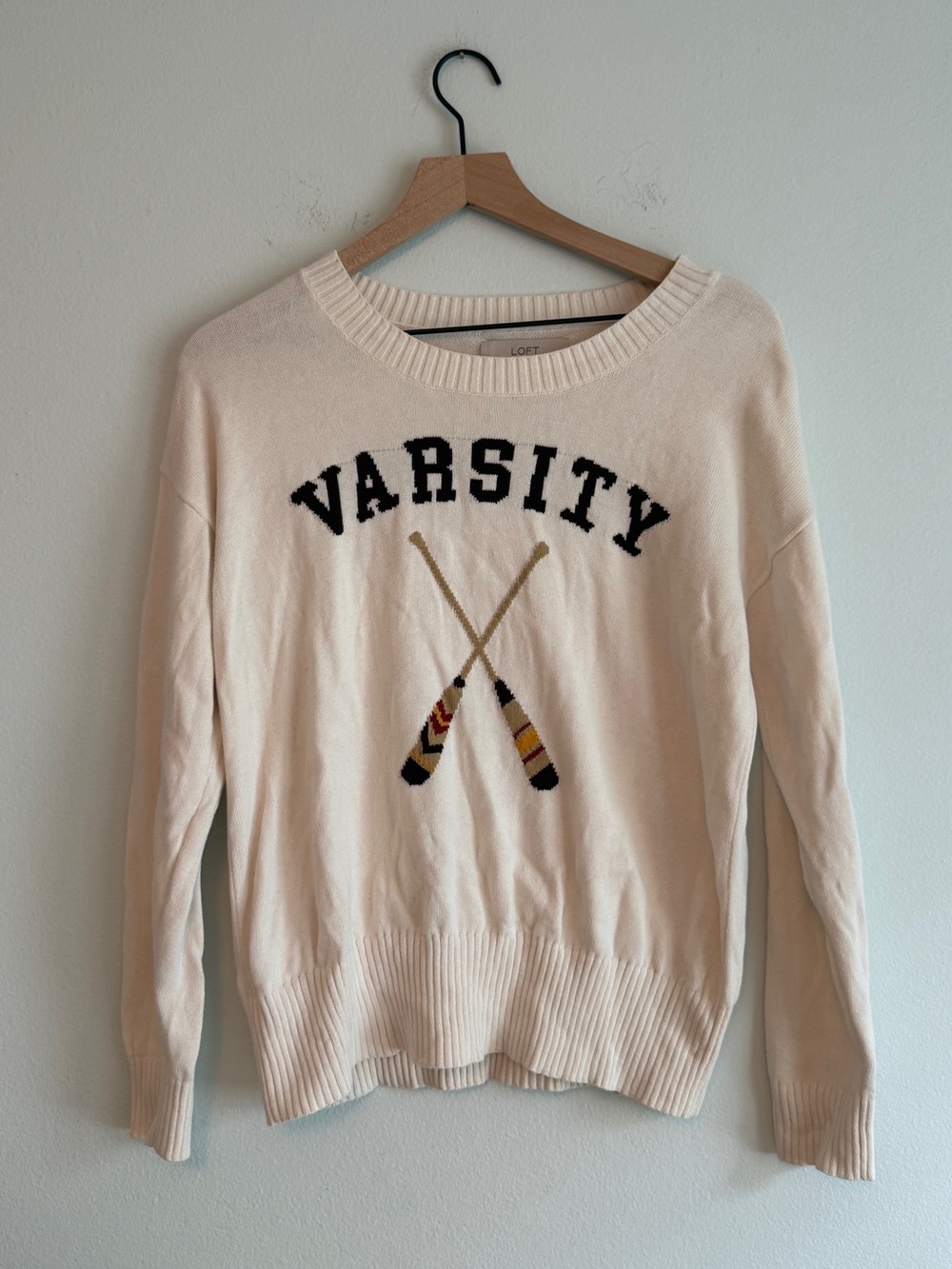 LOFT Cream Varsity Crewneck Sweater with Oar Motif